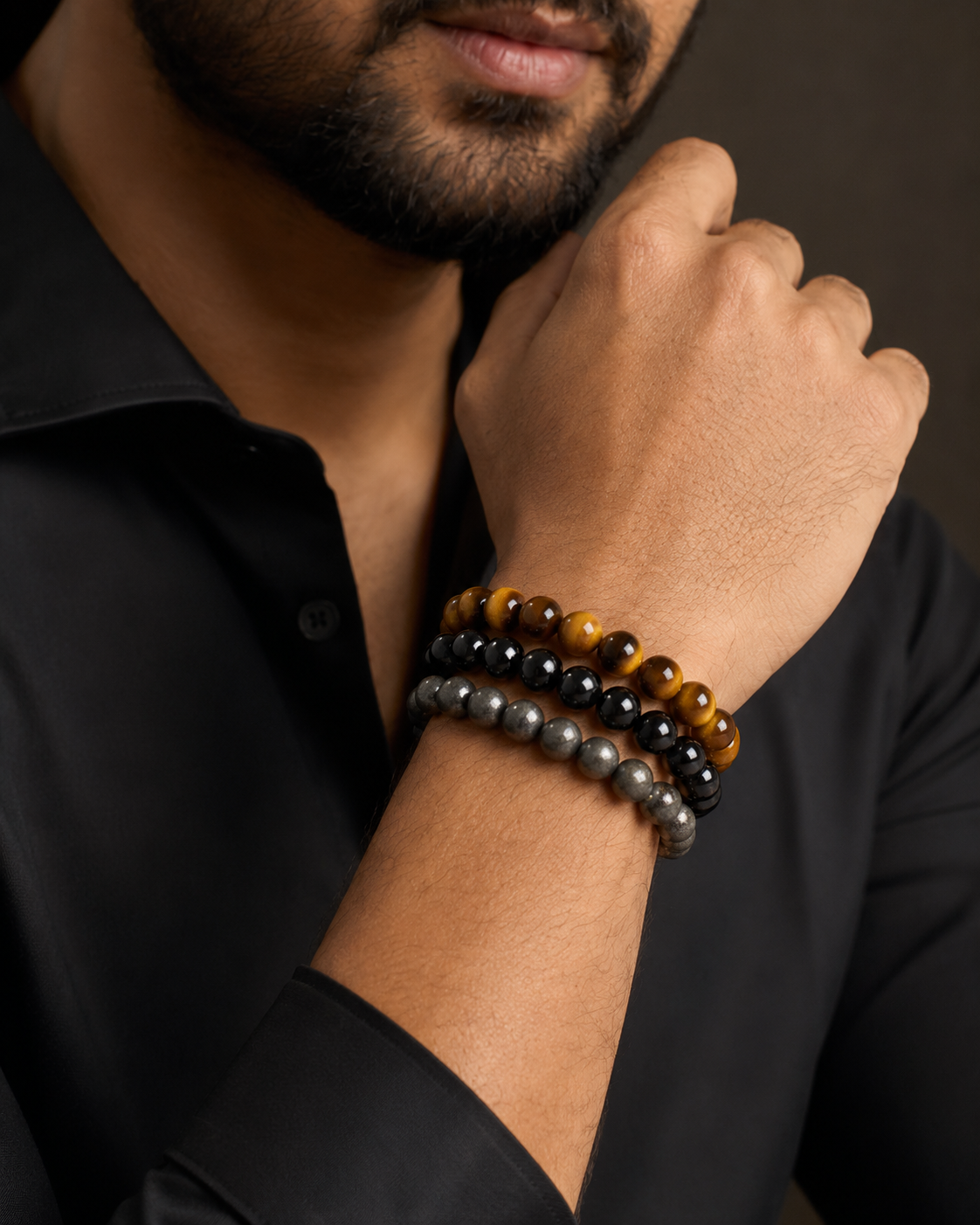 Triple Protection Bracelet — Tiger Eye, Black Obsidian & Hematite — view 2