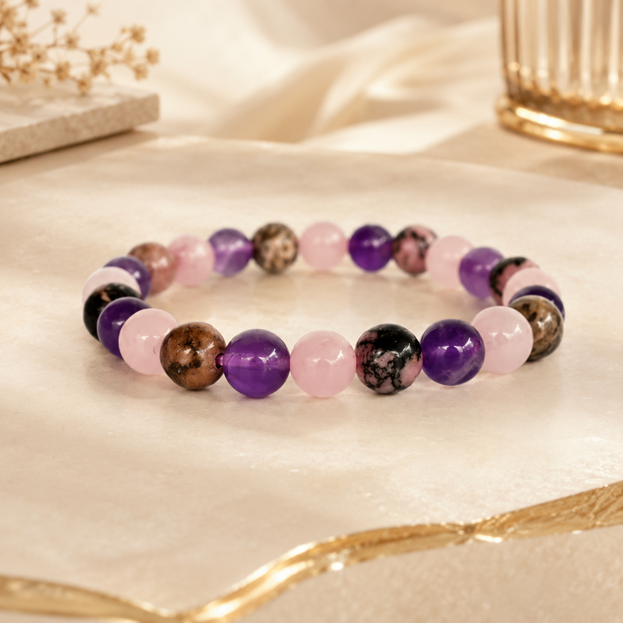 The Rose Embrace — Love Bracelet (Rose Quartz & Rhodonite)
